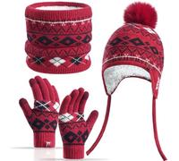 Yaopelky Kids Winter 3 Piece Set Fleece Lined Hat Neck Gaiter Gloves for 3-8Y with Pom Pom Warm Fair-Isle Touch Screen Snow School Outdoor Use (Red)