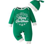 Yaopelky My 1st Christmas Outfit with Hat Newborn Baby Romper Baby Boy Girl Merry Christmas Clothes Infant One-Piece Jumpsuit (Green, 9-12 Months)