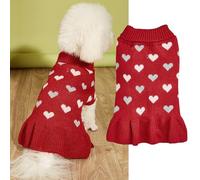 Yaopelky Small Dog Jumper Dress with Heart Pattern Valentine’s Day Puppy Sweaters Knitted Turtleneck Pet Outfits Warm Dog Clothes for Small Dogs Cats (Red, M)
