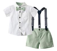 Yaopelky Toddler Boy Summer Gentleman Outfits Short Sleeve Shirt with Bowtie Suspender Shorts Suit 1-8 Years (Green, 6-7 Years)