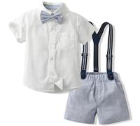 Yaopelky Toddler Boy Summer Gentleman Outfits Short Sleeve Shirt with Bowtie Suspender Shorts Suit 1-8 Years (Blue, 5-6 Years)
