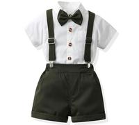 Yaopelky Toddler Formal Outfit Kid Gentleman Short Sleeve Shirt Bowtie Boy Suspender Shorts Wedding Suit Boys Outfits (Army Green, 2-3T)