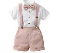 Yaopelky Toddler Formal Outfit Kid Gentleman Short Sleeve Shirt Bowtie Boy Suspender Shorts Wedding Suit Boys Outfits (Pink, 3-4T)