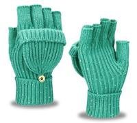 Yaopelky Winter Fingerless Gloves for Women Men Half & Full Glitter Knitted Mittens Thumb with Cap Convertible Thermal Mitten(Green with sequin, One Size for most adults)