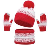 Yaopelky Women Beanie Hat Neck Gaiter Gloves Set Winter Warm Touchscreen Gloves Fleece Lined Scarf Hat with Pom Pom for Adult (Red, One Size)