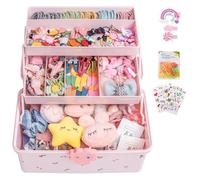 YAOPIU Hair Accessory Organizer For Kids, 3 Layer Pink Hair Accessory Storage Box, Waterproof Cute Multi Compartment Portable Jewelry Storage Box, With 6 Stickers, 1 Pack HairClip, 1 Bag Headrope