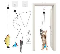 YAOSHENGUP 3 PCS Interactive Cat Toys for Indoor Cats Kitten, Door Hanging Feather Cat Toy Set with Hook, Self Play String Mouse Toys for Cat Bouncing Fish Cat Toy for Exercising Eliminating Boredom
