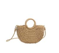 YAOSHER Handmade straw beach bag, street fashion half circle double ring handbag, crossbody tote bag(Khaki)