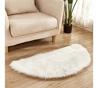 YAOTT Half Moon Semicircle Wool Imitation Sheepskin Rugs Non Slip Faux Lambskin Area Rugs for Bedroom Living Room Shaggy Fluffy Carpet Mats White 45X90CM