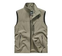 YAOTT Men Spring Summer Windproof Softshell Safari Gilet with Stand-up Collar Multi-pocket Outdoor Photography Fishing Sleeveless Vest Jacket Khaki