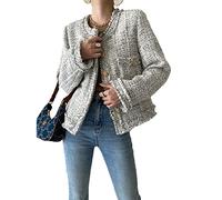 YAOTT Women's Long Sleeve Button Down Tweed Jacket Cropped Bolero Jacket Tailored Fitted Blazer Round Collar Formal Coat,White,L