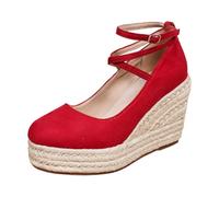 YAPAZULU Women's Espadrille Sandals Mary Jane Shoes Retro Suede Soft Round Toe Thick Heel Comfortable Large Size Summer Elegant Bohemian Beach Sandals, Red, 4 UK