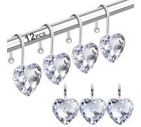Yapicoco Shower Curtain Hooks Rings for Bathroom, 12PCS Heart Stainless Steel Rust Resistant Decorative Rhinestones Shower Curtain Rings Hangers for Shower Curtains (Single Hook Clear)