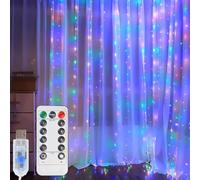 YAPJOY Curtain Fairy Lights Indoor, 300LED 3mx3m Waterfall Hanging USB Powered Fairy String Lights with Remote, 8 Modes Waterproof Window String Light for Bedroom/Wall/Outdoor/Party（Multi-Color