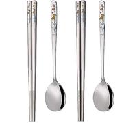 YAPULLYA Korean Long Handle Soup Spoon and Chopsticks Gift Set,18/8 Stainless Steel Multicolor Laser Engraving Chop sticks and Spoon, Metal Reusable Chopsticks and Spoon Gift Set, Set of 2 (style SX)