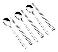 YAPULLYA Korean Metal Chopsticks and Spoons Set, Reusable Stainless Steel Flatware Chopsticks and Spoons with long-hand, set of 3 (Lucky Clover)