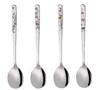 YAPULLYA Korean Soup Spoons, 18/8 Stainless Steel Long Handle 8 Inch Tablespoon, Asian Metal Dinner Spoons, Set of 4 (flowers)