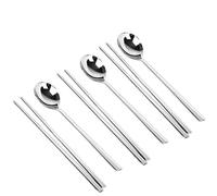 YAPULLYA Polished Stainless Steel Spoons and Chopsticks Set, Korean Chopsticks and Spoons tableware with long-hand, Reusable, set of 3-silver