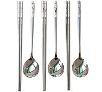 YAPULLYA Reusable Chopstick and Spoon Set, Korean Long Handle Stainless Steel Spoon and Chopsticks Set, Dishwasher Safe Metal Chop sticks, Set of 3. (Multi-patterned)