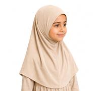Yaqeen Girls instant headscarf hijab plain al Amira age 5-11, readymade pull on scarf, ideal for any occassion school/nursery (Beige)