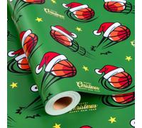 Yarcony Basketball Christmas Wrapping Paper, Green Christmas Gift Wrap | 17 in x 16.5 ft, Cool Comic Style Santa Hat Sports Christmas Gift Wrapping Paper for Kids Boys Holiday Present, Winter Party