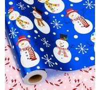 Yarcony Blue Christmas Wrapping Paper, Vintage Snowman Navy Blue Wrapping Paper, Reversible Winter Snowman Inspired Christmas Gift Wrap for Holiday, Party, Celebration (Mini Roll, 17 Inch X 33 Feet)