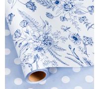 Yarcony Blue Floral Wrapping Paper Roll, Blue and White Wrapping Paper, Elegant Vintage Toile Flower Garden Gift Wrap for Upscale Gifts, Wedding, Birthday, Baby Shower, Mother's Day (17 In X 16.5 Ft)