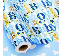 Yarcony Boy Baby Shower Wrapping Paper Jumbo Roll - 17 Inch X 33 Feet - Reversible Cute Blue Baby Boy Animal Heart Theme Newborn Gift Wrap Paper for 1st Birthday, Baby Shower, Children's Christening