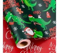 Yarcony Dinosaur Christmas Wrapping Paper, Green Wrapping Paper Roll, Reversible Happy Dinosaur and Santa Claus Dino Christmas Gift Wrap for Kids Boys Men Holiday Present Packaging (17 Inch X 33 Feet)
