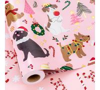Yarcony Dog Christmas Wrapping Ppaper, Pink Wrapping Paper, Metallic Foil Pastel Cute Puppy, Candy Cane Pattern Christmas Gift Wrap for Winter Holiday, Little Girl Birthday (17 Inch X 33 Feet)