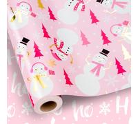 Yarcony Girl Christmas Wrapping Paper, Girly Pink Gift Wrap, Metallic Foil Cute Pink Snowman Wrapping Paper with Adorable Snowmen and Snowflakes for Christmas Gift Packaging (17 Inch X 33 Feet)