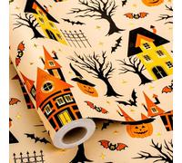 Yarcony Halloween Wrapping Paper Roll - 17 Inch X 33 Feet - Metallic Foil Classic Orange Haunted House, Pumpkin and Bat Pattern Gift Wrap Paper Sheet for Halloween's Day, Holiday Decorations, Birthday