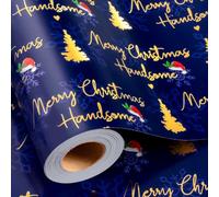 Yarcony Handsome Christmas Wrapping Paper for Men, Gold Foil Blue Christmas Gift Wrapping Paper, Luxury Xmas Tree and Santa Hat Holiday Gift Wrap for Present Packaging, Winter (17 Inch X 33Feet)
