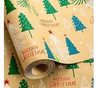 Yarcony Kraft Christmas Wrapping Paper Roll, Christmas Tree Wrapping Paper, Thick Kraft Holiday Gift Wrap with Green Foil Christmas Tree Design for Holidays,Winter Solstice Gift (17 Inch X 33 Feet)
