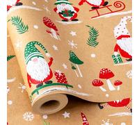 Yarcony Kraft Christmas Wrapping Paper Roll, Gnome Christmas Gift Wrapping Paper, Recycled Retro Festive Woodland Gnome Mushroom Gift Wrap Present Paper for Winter Holiday, Crafts (17 Inch X 33 Feet)