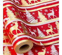 Yarcony Kraft Christmas Wrapping Paper Roll, Red and Gold Wrapping Paper, Elegant Faux Sparkle Christmas Tree Reindeer Snowflake Pattern Red Gift Wrap for Holiday, Winter Solstice (17 Inch X 33 Feet)