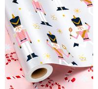 Yarcony Pink Nutcracker Christmas Wrapping Paper Roll - 17 Inch X 33 Feet - Funny Reversible Pearly-Lustre Foil Gift Wrap Paper w/Candy Cane Design for Chrsitmas Holiday Party Theater Present Decor