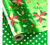 Yarcony Poinsettia Christmas Gift Wrapping Paper, Green Wrapping Paper for Christmas, Luxury Winter Floral Botanical Christmas Gift Wrap with Metallic Shine for Holiday(Mini Roll, 17 Inch x 33 Feet)
