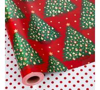 Yarcony Red Christmas Wrapping Paper Roll, Red and Gold Wrapping Paper, Metallic Foil Classic Christmas Tree Design Holiday Gift Wrap for New Year, Party Celebrations (Mini Roll, 17 Inch X 33 Feet)