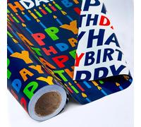 Yarcony Reversible Birthday Wrapping Paper Roll - 17 Inch X 16.5 Ft(46.8 Sq.Ft.Ttl) - Creative Colorful Happy Birthday Lettering & Candle Navy Blue Gift Wrap for Party, Baby Shower & Holiday