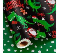 Yarcony Reversible Black Christmas Wrapping Paper for Kid, Funny Dinosaur and Santa Claus Pattern Christmas Gift Wrapping Paper for Kids Boys Men Holiday Gift Packaging (Mini Roll, 17 Inch X 33 Feet)