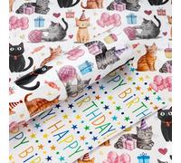 Yarcony Reversible Cat Wrapping Paper Roll, Happy Birthday Wrapping Paper, Watercolor Cute Cat Kitten Birthday Gift Wrap for Valentine's Day, Mother's Day, Wedding, Baby Shower (17 Inch X 16.5 Feet)