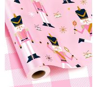 Yarcony Reversible Nutcracker Wrapping Paper, Pink Christmas Wrapping Paper, Pastel Pearly-Lustre Nutcracker and Plaid Design Christmas Gift Wrap for Holiday, Party (Mini Roll, 17 Inch X 33 Feet)