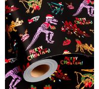 Yarcony Skeleton Dinosaur Christmas Wrapping Paper Roll, Black Gift Wrap | 17 in x 16.5 ft, Cool Dino Fossil Wearing Santa Hat Design Black Christmas Gift Wrapping Paper for Kids Boys Holiday Present