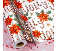 Yarcony Vintage Christmas Wrapping Paper, Metallic Foil Sweet Poinsettia, Candy Cane Floral Christmas Gift Wrap Paper for Holiday Presents Packaging, Winter Celebration (Mini Roll, 17Inch x 33Feet)