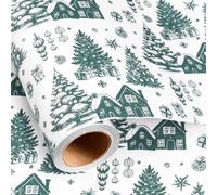 Yarcony Vintage Christmas Wrapping Paper Roll - Mini Roll, 17 in x 16.5 ft, Rustic Sketch Tree and Winter Village Toile Design Forest Green Christmas Gift Wrapping Paper for Elegant Holiday Presents