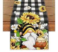 Yarcooly Sunflower Bee Black White Check Table Runner 100% Linen Floral Abstract Home Decor