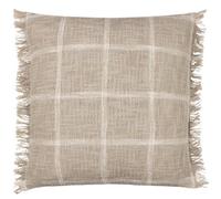furn. Yard Beni Feather Filled Cushion - Woven Check Cotton with Double Fringed Trim (Stone/Natural - 45cm x 45cm)