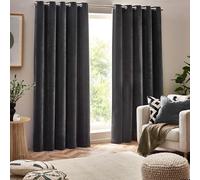 Furn Heavy Chenille Velvet Eyelet Curtain Pair, Lined Room Darkening, Charcoal 168 x 137 cm