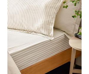 Yard Hebden Midi Stripe Fitted Sheet - Ultra Soft 100% Cotton Striped Bed Sheet (Natural - Double - 137x190x32cm)
